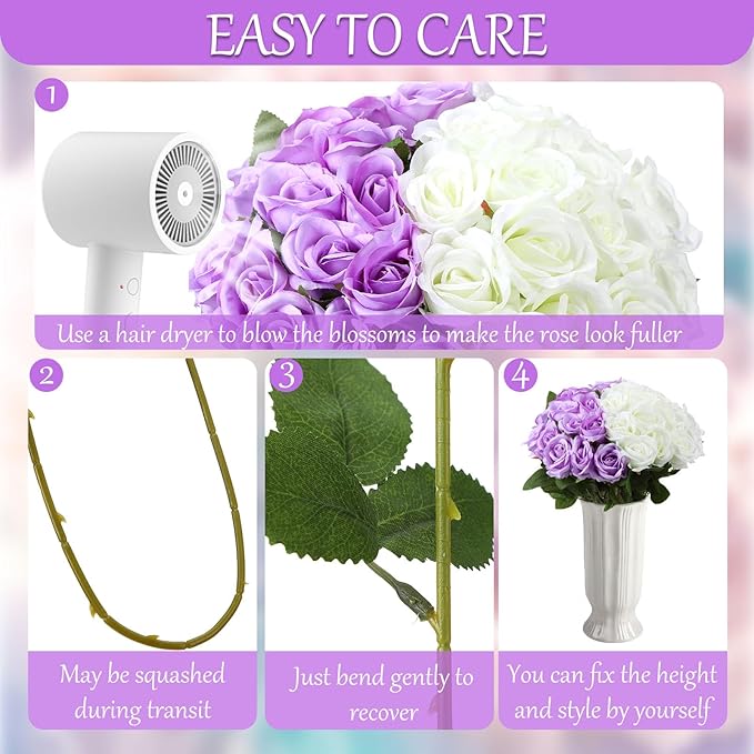 36 Pcs Silk Purple White Rose Bouquet Bridal Artificial Flowers,Fake Rose Long Stem Realistic Flowers Bulk for Wedding Bouquet Ball Arrangement Centerpiece Party Decor