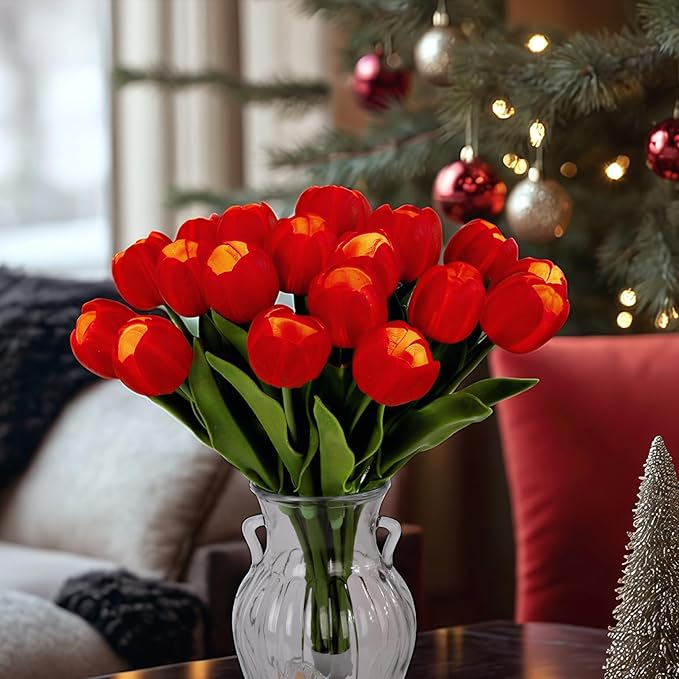 LED Lighted Artificial Tulip Lamp, Real Touch Tulip Flowers, 15 Inch Faux Tulip Bouquet with Battery Operated Lights for Gifts, Christmas,Holiday,Home Kitchedn Wedding Decor (Red)