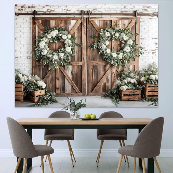 Rustic Barn Door Photography Backdrops, White Flower Wood Brown Barn Door Backdrop, Wedding Birthday Party Decors Photo Booth Props 5x3ft