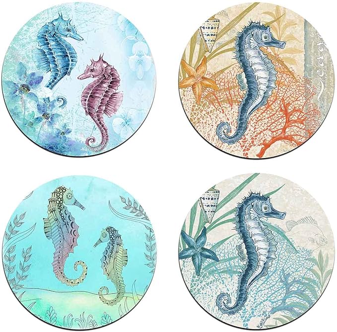 Watercolor SeahorseRound Coaster Set - Made of Recycled Rubber - Set of 4