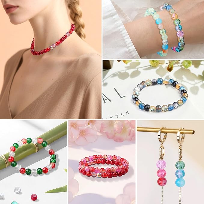 DUQGUHO 8mm Glass Beads for Jewelry Making Colorful Beads for Crafts Crystal 18 Colors Round Beads Bulk Bead Bracelet Kit 360PCS