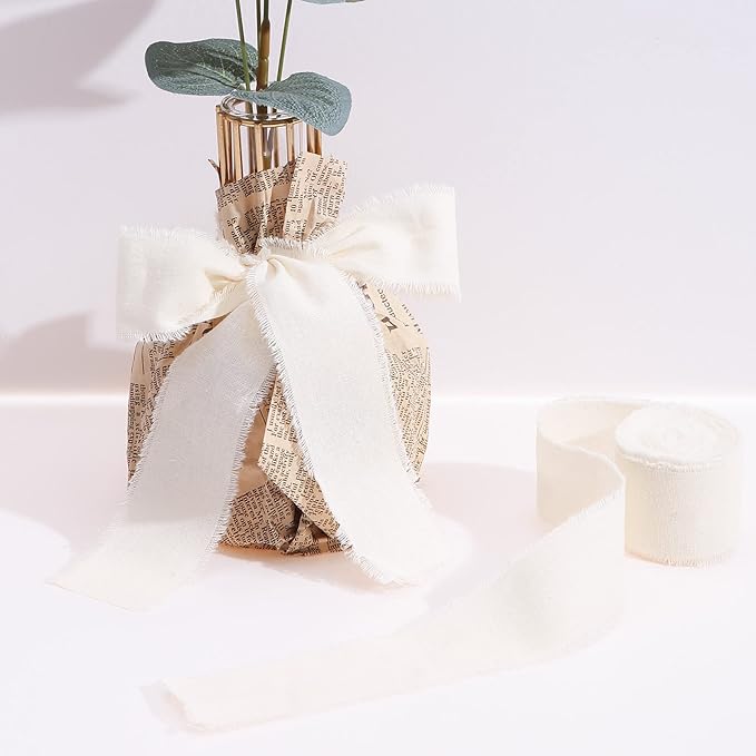 Ivory Ribbon 1-1/2 x 15 Yards Handmade Cotton Frayed Fringe Fabric Ribbons for Crafts Flower Bouquets Wedding Baby Shower Home DIY Decor