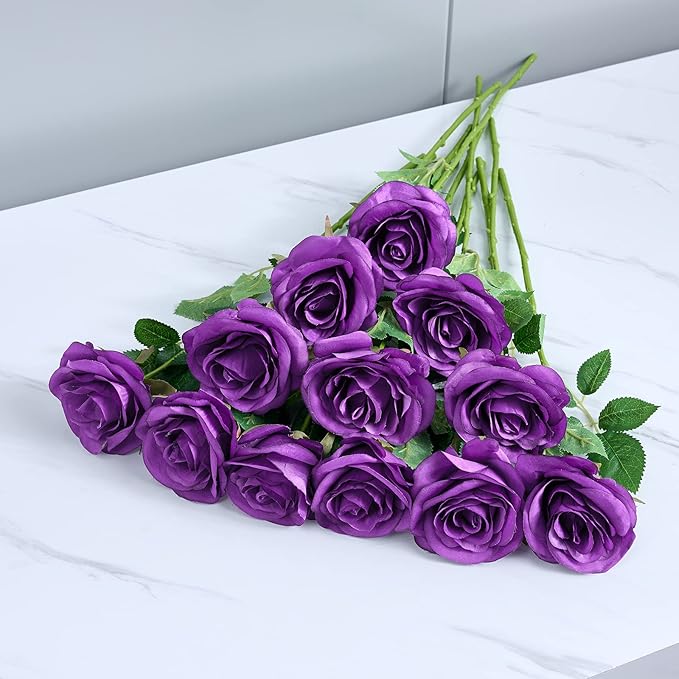 12Pcs Purple Roses Artificial Flowers Fake Roses Silk Flowers Real Touch Rose with Long Stems for Wedding Home Office Baby Shower Party Centerpieces Decorations