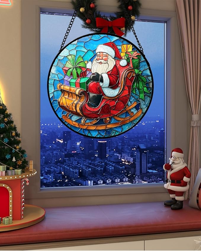 Stained Glass Window Hanging - Red Santa Claus Gift Box Suncatcher for Doors Home Christmas Decoration Winter Sun Catcher Thanksgiving New Year Birthday Gift for Women Men Mom Nana 7.8 in