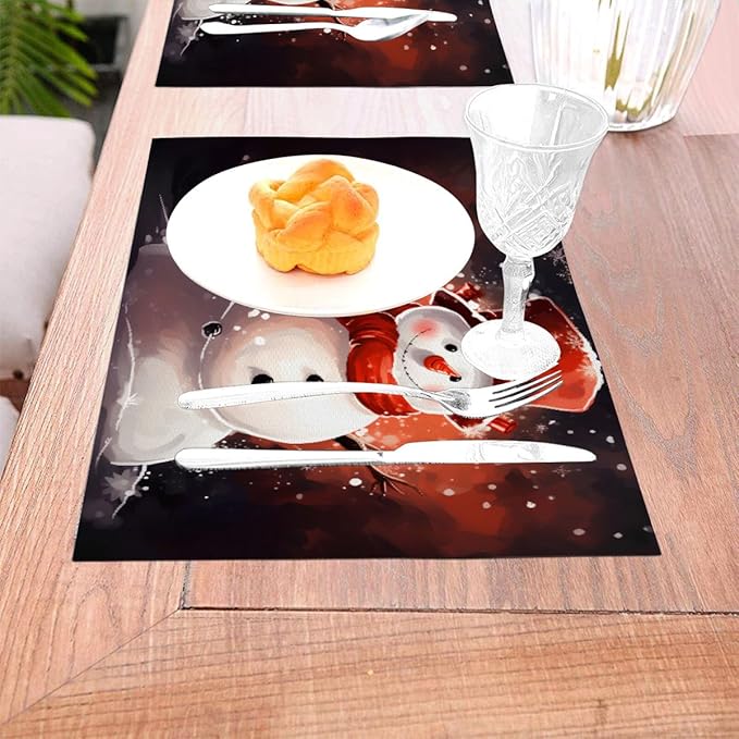 PVC Placemats Set of 6 Wipeable Table Mats Washable Heat Resistant Non Slip Vinyl Dining Table Mat for Kitchen Indoor Outdoor Patio Farmhouse Place Mats Christmas Snowman Red Decorative