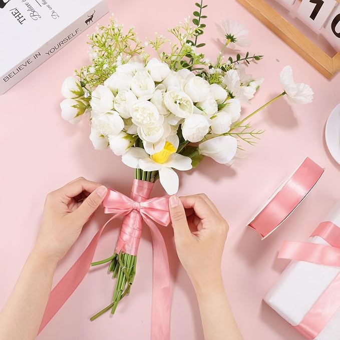 Pink Ribbon 1 inch 60 Yards Double Faced Pink Christmas Decor Ribbon for Lei Bows Crafts Gift Wrapping Flower Bouquet Wedding Party Vases Decorations