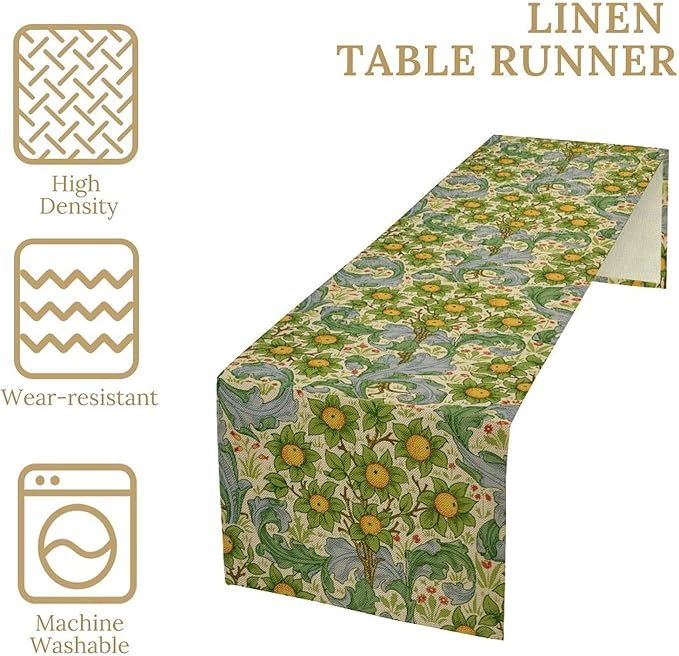 William Morris Original Design Green Table Runner Vintage Floral Table Runner for Dining Table Decor 13 x 36 Inch