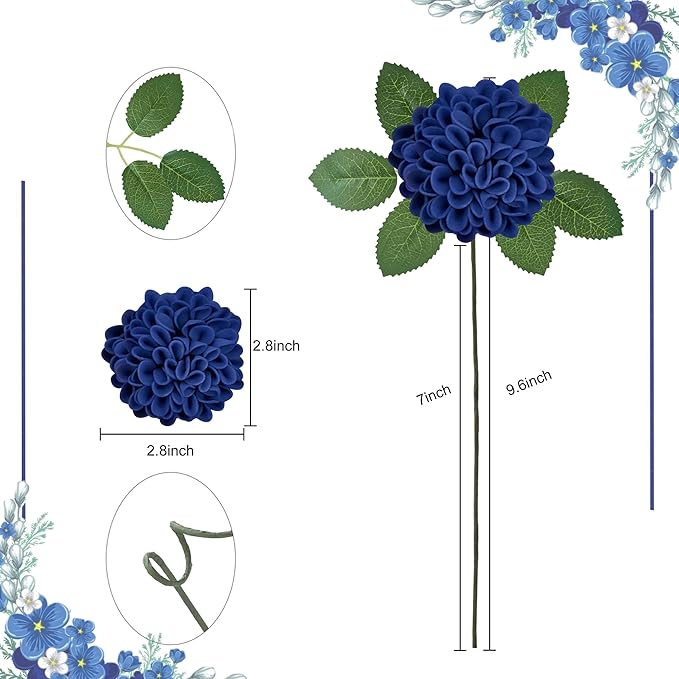 Artificial Flowers, 100pcs Realistic Artificial Rose for DIY Wedding Bouquets Centerpieces Arrangements, Blue Dahlia Flowers with Stem for Bridal Shower Party Home Decorations