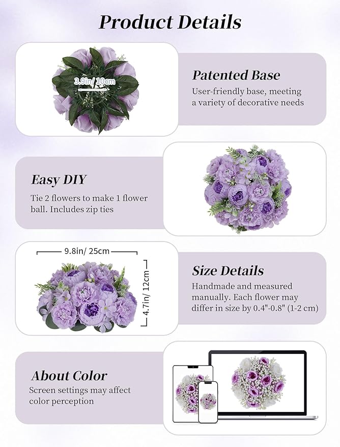 BLOSMON Peony Flower Balls Centerpieces: 2pc 9.5 Inch Lilac Fake Peony Floral Arrangement Bouquet Wedding Dinning Table Decoration Easy Use Artificial Silk Kissing Ball Home Party Decor