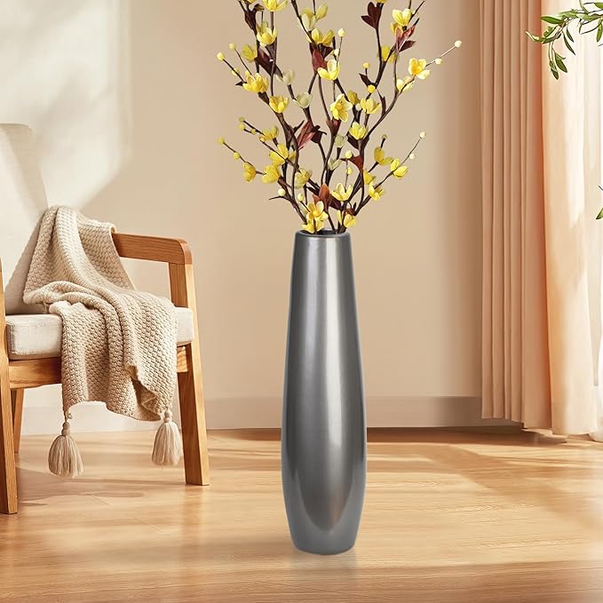 Silvery Ceramic Tall Floor Vase,17.7 Inch Large Modern Flower Vases for Home Décor,Wicker Big Floor Vases Decorations for Farmhouse, Living Room,Bedroom,Standing Plastic Vase Decorative Tall