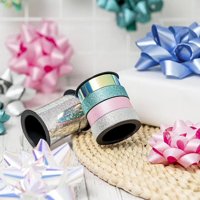 WRAPAHOLIC 14 Pcs Gift Bows Assortment - 12 Multi Colored Assorted Size Gift Bows (Silver, Green, White, Pink, Blue) and 2 Crimped Curling Ribbons, Perfect for Christmas, Holiday, Party
