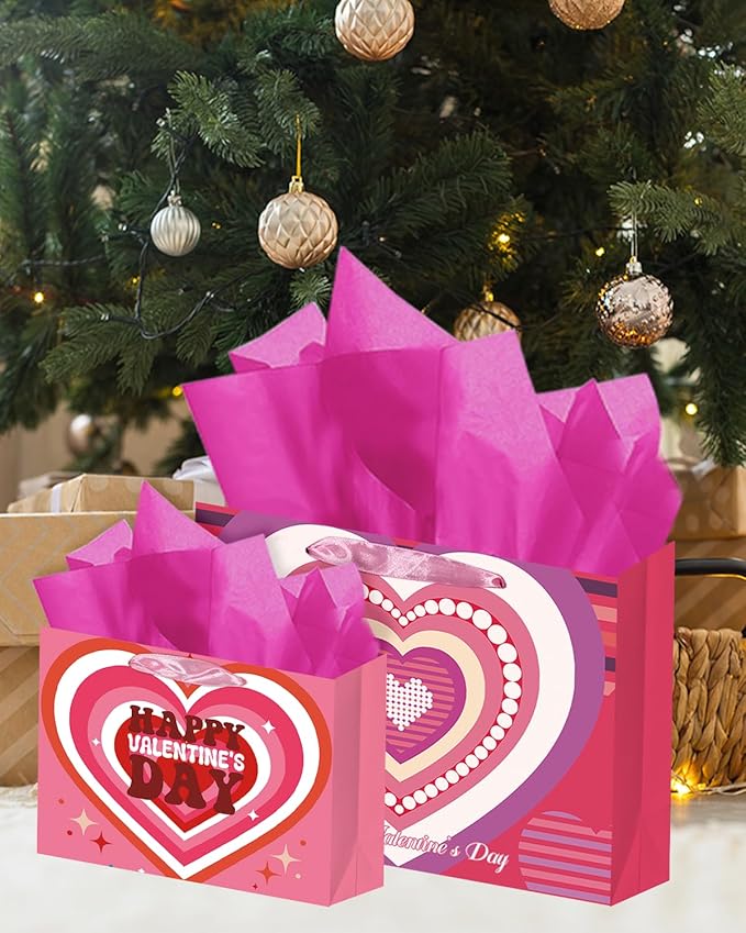 qiqee Valentine 5PCS Wide Gift Bag with Tissue Paper Assorted Size Present Wrap Bags For Lover (3 PCS Medium Size+2 PCS Large Size)