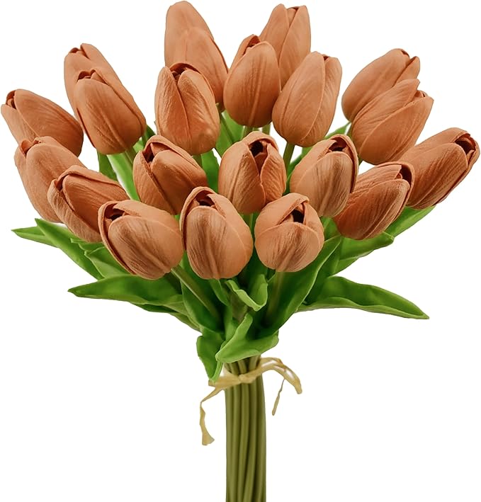 Mandy's Artificial Tulips 20 Stems Burnt Orange PU Faux Flowers for Thanksgiving and Christmas Decorations Wedding Home Decor 13.5 Inch
