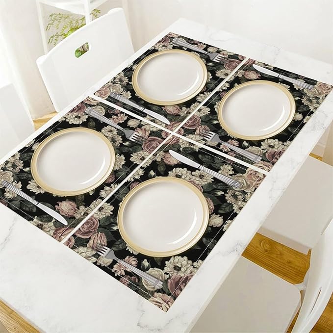 Floral Placemats Set of 6, 17x12 Inch Vintage White Pink Rose Flower Spring Plant Boho Art Print Table Mats for Home Party Kitchen Dining Decor