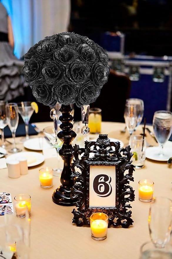 Roses Artificial Flowers,30PCS Black Glitter Roses Silk Roses for Wedding Bouquet Party Christmas Home Decor(Black)