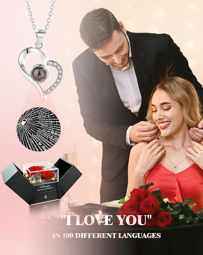 Birthday Gifts for Women, Preserved Real Roses with Heart Necklace I Love You in 100 Languages, Anniversary Wedding Gifts for Women Her Girlfriend Wife, 2 Red Forever Roses Necklace Gift Box