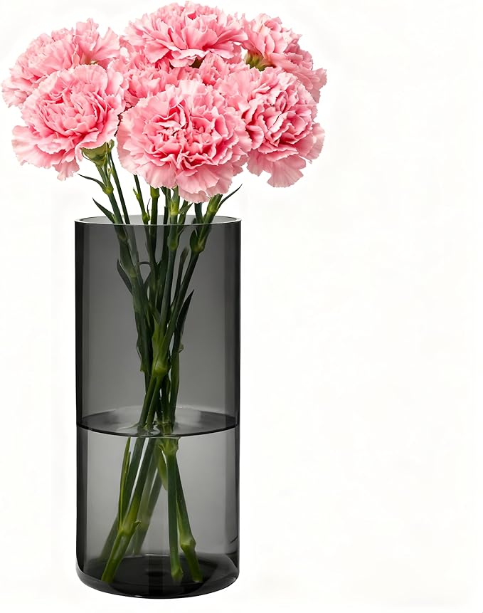 Flower Vase, Non-breakable Vases, 6" W x 8" H, Acrylic Grey Vase, Aesthetic Room Decor Cylindrical Modern Flower Vases for Table Centerpiece, Home Decor, Women Floral Arrangement Gift
