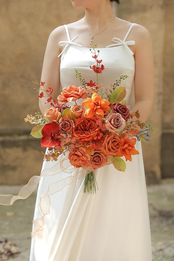 Burnt Orange Artificial Flowers Set - Fake Roses, Peonies, Silk Flowers with Stems for DIY Wedding Bouquets,Floral Arrangement,Table Centerpieces,Baby Shower, Home Decor