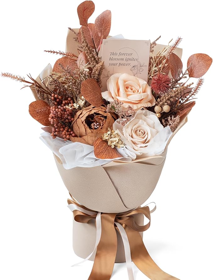 TINGE TIME Preserved Flowers Bouquet, Flowers for Delivery, Birthday Gifts for Women, Eternal Roses Bouquet for Grandma Wife Anniversary (Nude Color & Pale Coffee)