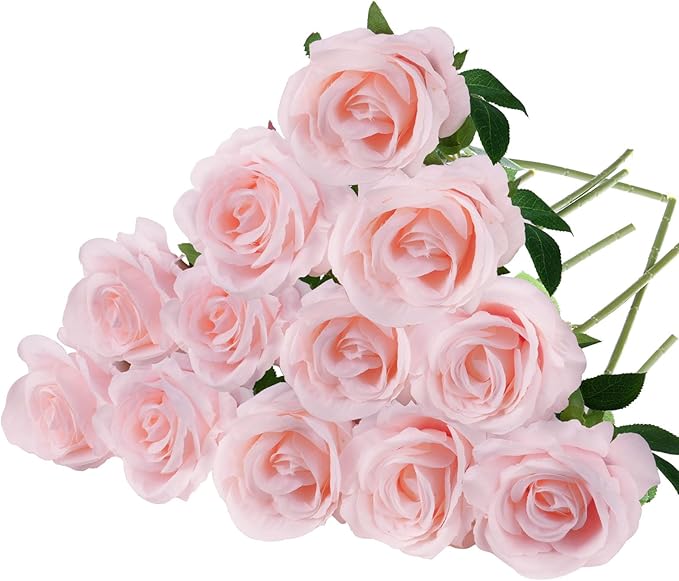 Felice Arts 12 Pack Light Pink Roses Baby Pink Artificial Flowers Silk Flowers with Stems Fake Flowers Bouquet for Wedding Centerpiece Table Vase Home Kitchen Party Valentines Decoration DIY Decor