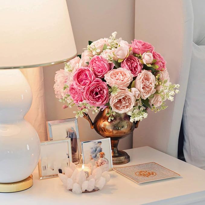 Artificial Peonies Silk Flowers, Pink Faux Peony Bouquet 4 Bundles Florals Arrangements Decor for Farmhouse Home Boho Wedding Table Centerpiece, Fake Plastic Flower Bulk for Vase Decoration (Mix Pink)