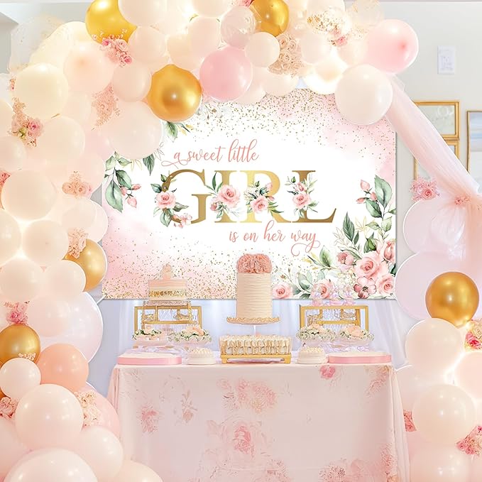 Avezano Girl Baby Shower Backdrop Pink Floral Sweet Baby Baby Shower Banner A Sweet Little Girl is on Her Way Party Decorations Banner (7x5ft)