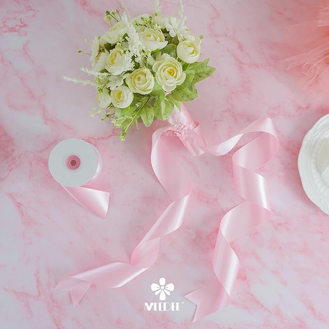 MEEDEE Pink Satin Ribbon 2 Inch Pink Ribbon Lux Double Faced Ribbons by 25 Yards Silk Satin Ribbons for Gift Wrapping, DIY Crafts, Weddings, Flower Bouquet, Holiday Decorating