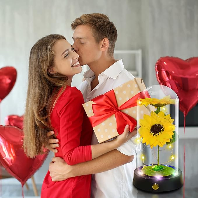 QUELIEN Christmas Sunflowers Gifts for Women,Preserved Sunflower Bouquet in Glass Dome,Girasoles para Regalo,Forever Sunflower Home Decor,Mom Birthday Gift