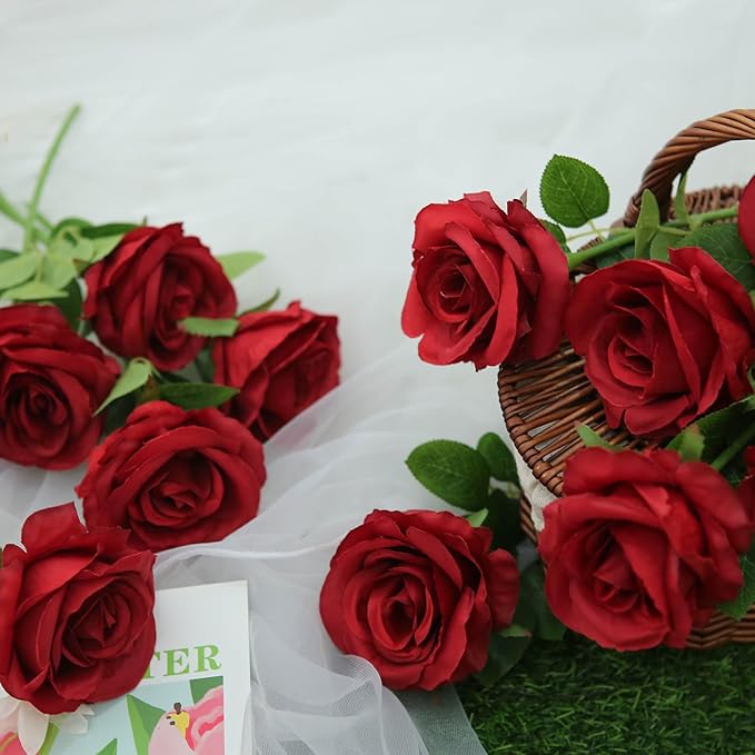 Felice Arts 12 Pack Fake Wine Red Roses Artificial Flowers with Stems Silk Burgundy Rose Bouquet for Valentines Decoration Wedding Bridal Bouquet Vase Table Centerpiece DIY Cake Decor
