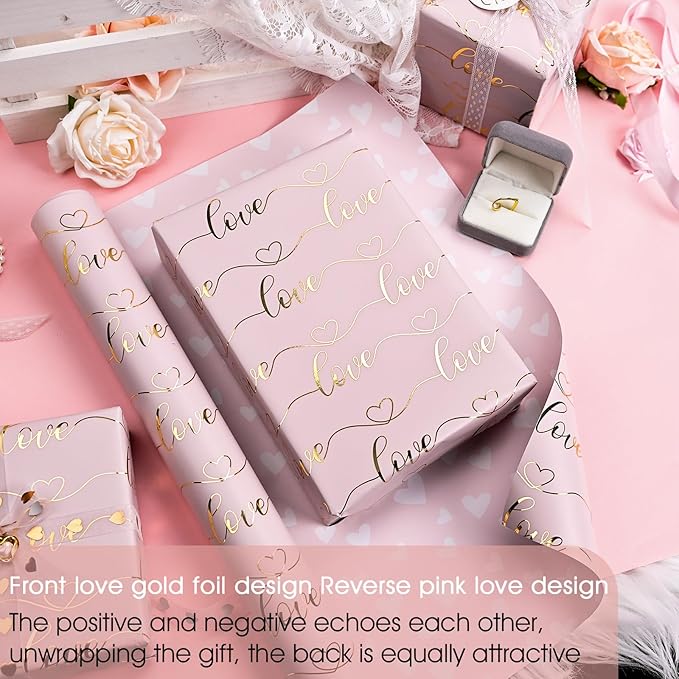 Afucus Pink Gold Foil Love Wrapping Paper, Reversible Mini Roll Gift Wrapping paper for Valentine's Day, Mother's Day, Wedding shower for brides (17 Inch X 33 Feet)