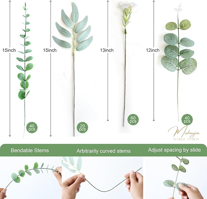 160Pcs Mixed Artificial Eucalyptus Stems and White Faux Flowers, Big Babys Breath and Eucalyptus Leaves Stems Bulk for DIY Wedding Bouquet Home Decor Floral Arrangement (Green 160Pcs)