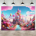 8x4ft Candyland Backdrop Sweet Candy Castle Photography Background Colorful Lollipop Blue River Cartoon Kids Birthday Banner Decorations Baby Shower Newborn Portrait Photo Booth Prop