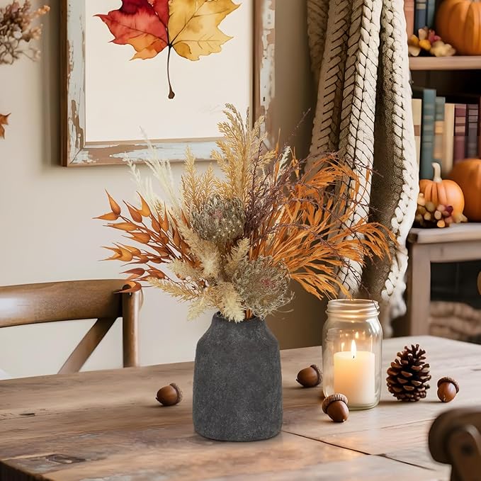 Hollyone Faux Fall Pampas Grass Decor with Vase, Artificial Pampas Grass Flowers Bouquet Plant in Ceramic Vase Fluffy Boho Home Fall Decor Fake Pompass Pompous Grass Autumn Floral Arrangement