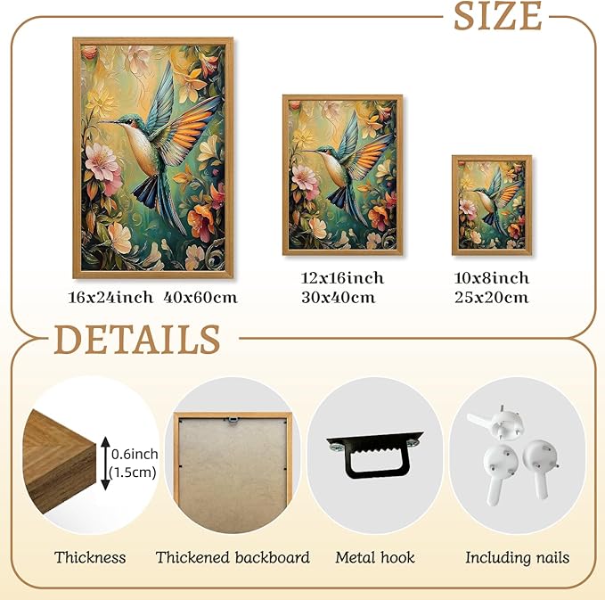 LLEEMPI William Morris Wall Art, Vintage Bird Floral Wall Decor, Hummingbird Flower Canvas Painting, Colorful Nature Botanical Aesthetic Picture for Living Room Bedroom Kid Room Wood Framed 12x16 inch