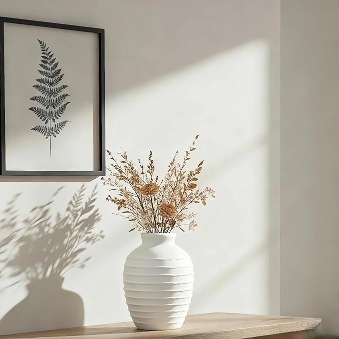 Ceramic Vase, 6.7 inch Ribbed Textured Minimalist Rustic Farmhouse Terracotta Vase for Home Decor, Table, Living Room, Entryway, Shelf, Mantel Decoration (Rice White)