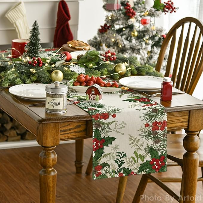 Artoid Mode Holly Pine Cone Christmas Table Runner, Seasonal Winter Kitchen Dining Table Decoration for Home Party Decor 13x36 Inch