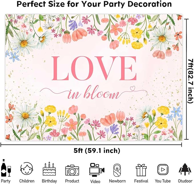 Sensfun Love in Bloom Bridal Shower Decorations Wildflower Wedding Shower Backdrop Pink Love in Bloom Engagement Party Background Spring Floral Wedding Bachelorette Party Decorations Supplies 7x5ft
