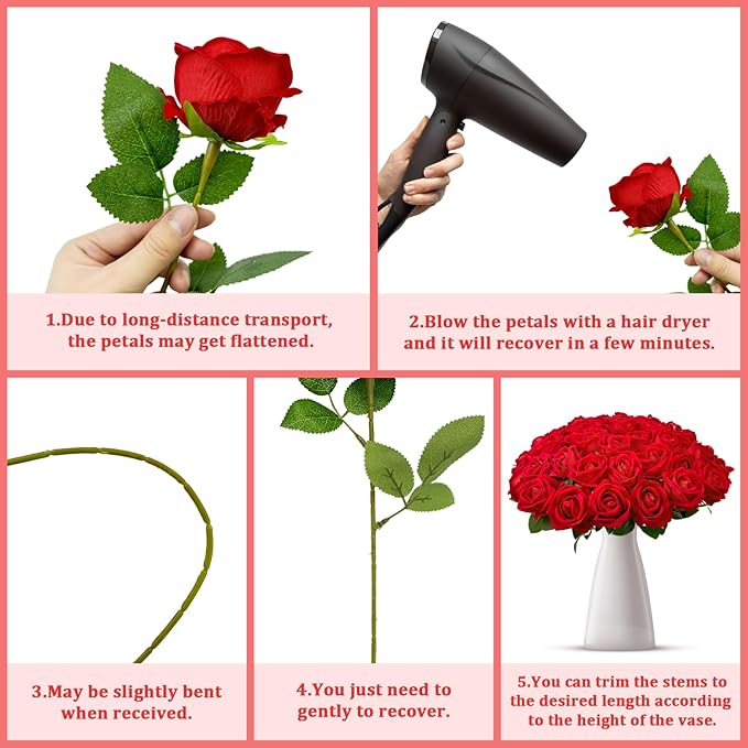Wondrus Bulk Artificial Flowers 50 PCS, Fake Velvet Silk Red Roses with Long Stems Realistic Bouquet for Wedding Centerpieces, Faux Arrangement for Home Table Decor