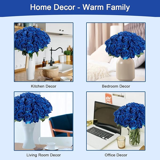 50Pcs Blue Roses Artificial Flowers Fake Roses Faux Velvet Silk Flower for Home Wedding Decoration (Pearl Rose, Blue)