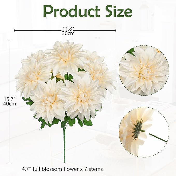 Hollyone White Artificial Dahlia Flowers Bush 7 Heads Silk Fake Dahlias Flowers with Stems Wedding Bouquets Faux Dahlia Flowers Floral Arrangements for Outdoor Indoor DIY Table Centerpieces Home Decor