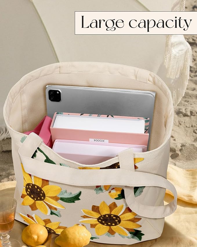 Aesthetic Embroidery Tote Bag for Women - Reusable Canvas Cute Shoulder Bag for Shopping, Grocery, Work, Book
