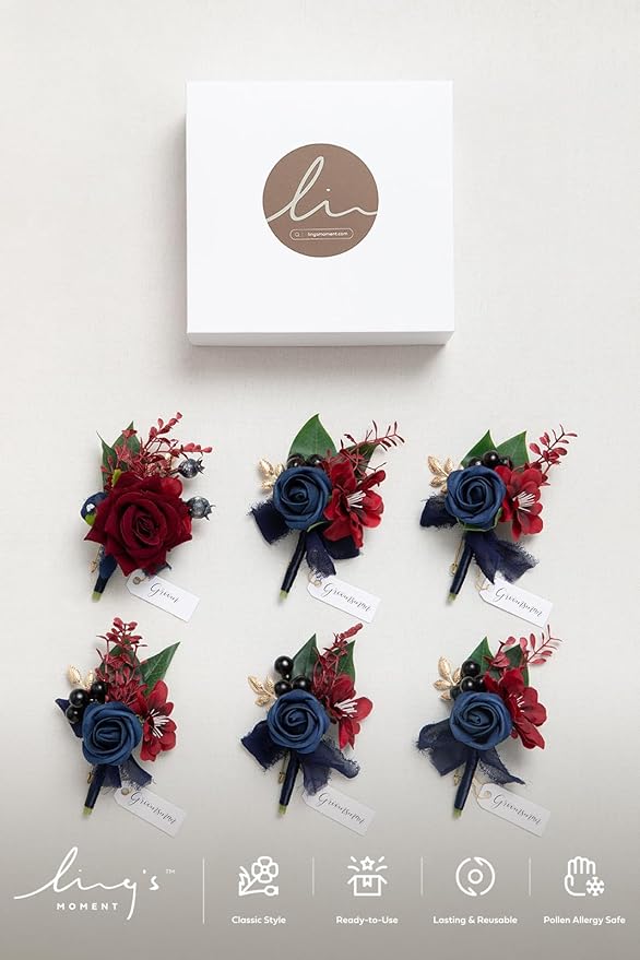 Ling's moment Boutonniere for Men, 6pcs Groom Groomsmen Boutonniere, Artificial Flowers for Wedding Decor/Prom/Homecoming, etc.Navy Blue Burgundy