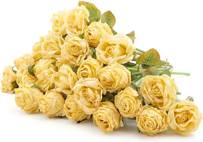 Rose Artificial Flower 28pcs Realistic Faux Silk Roses Fake Flowers Bouquets Arrangements Decor for Wedding Spring Mother's Day, Home Table Decorations, Yellow Flower