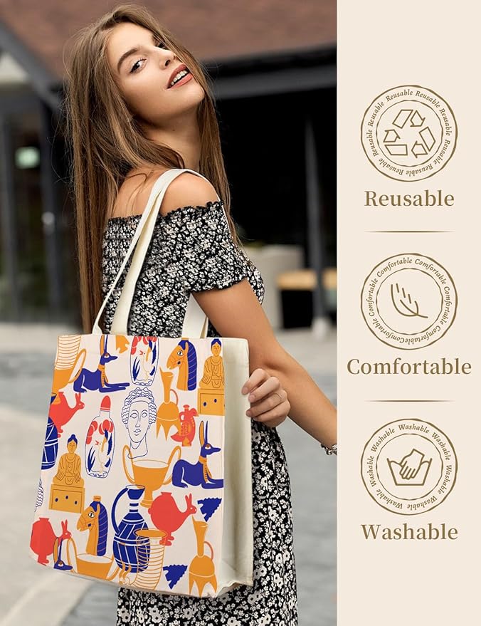 AUSVKAI Canvas Tote Bag Aesthetic for Women, Cute Reusable Bags with Pockets & Snaps for Beach Shopping College Gym Grocery