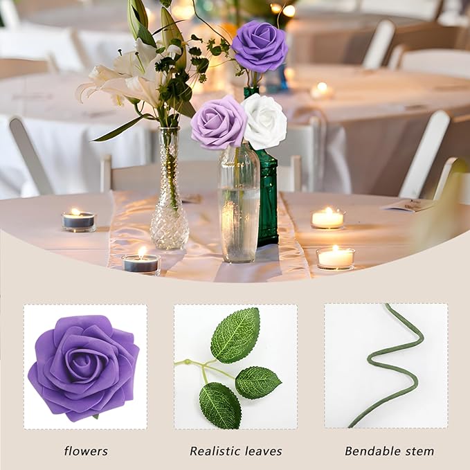 Artificial Flowers 50PCS Purple Roses Real Looking Foam Fake Roses with Leaves and for DIY Wedding Bouquets Bridal Shower Centerpieces Party Decorations (Purple Series, 50)