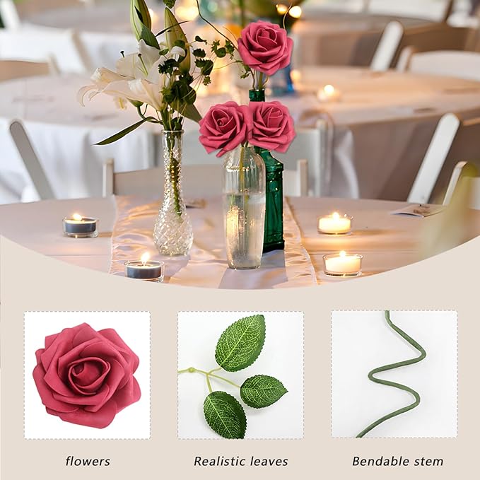 100PCS Burgundy Artificial Flowers Roses Real Looking Foam Fake Roses with Leaves for DIY Wedding Bouquets Bridal Shower Centerpieces Party Decorations (Burgundy, 100)