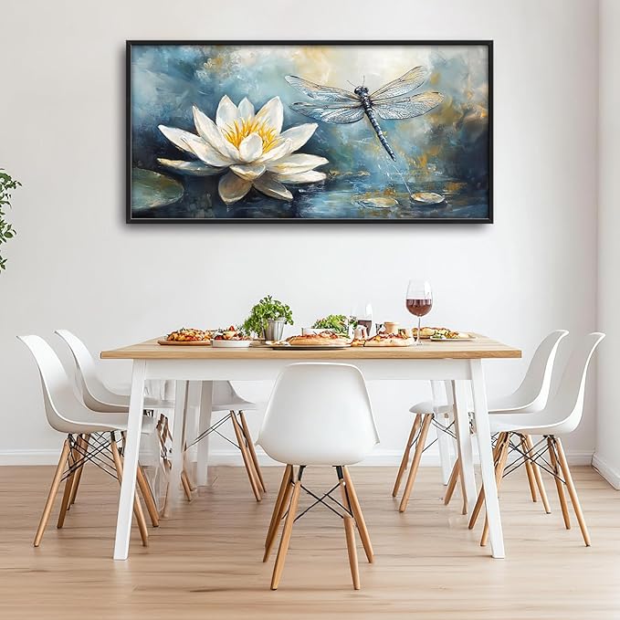 Extra Large Lotus Dragonfly Framed Wall Art for Living Room,Abstract Blue Lotus Flower Lake Pictures Wall Decor,Nature Canvas Print Painting Modern Artwork Bedroom Office Bathroom 60L x 30W