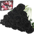 Cloudecor 15Pcs Black Roses Artificial Flowers Fake Roses Long Stem Velet Rose Silk Flowers for Home Wedding Decoration (Round Rose,Black)