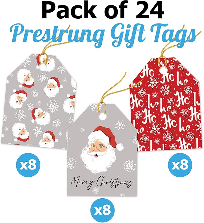 Pro Supply Global 24 Count of 2.5 Inch x 3 Inch Pre Strung Christmas Santas Gift Tag Assorted Printed Designs on Large Cardstock Gift Hang Tags - Ideal to Use on Bags