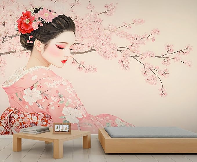 Japanese Cherry Blossom Wall Mural, Kimono Woman Geisha 3D Wall Murals, Oriental Beauty Wallpaper Mural, for Living Room Bedroom Large Wallpaper Indoor Decor 157.5" W x110.3 H